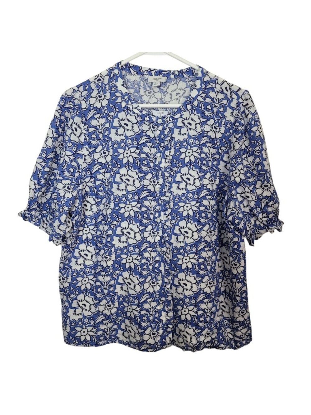 J. Crew Linen Cotton Blend Bohemian Button Up Ruffled Blouse Blue Floral Lg NWT